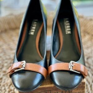 Ralph Lauren Black and Whiskey Brown Leather Heeled Shoes with Buckle